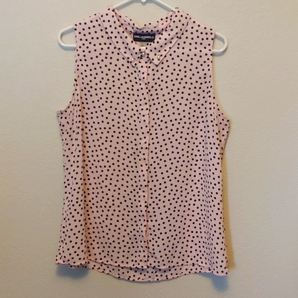 Karl Lagerfeld button up sleeveless blouse pink with navy dots size large